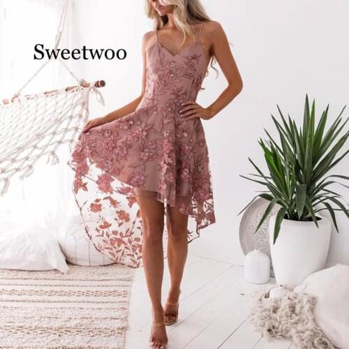 2020 New Summer Girl Short Front Long Back Casual Flower Embroidery Dress V-Neck Elegant Pink Lace Dress Women Party Dress