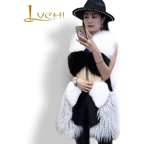 LVCHI Fashion Sweet Fox Fur Coat Noble Charming Winter Female waistcoats Fur Vest Womens Genuine new desgin Fur Plus Size