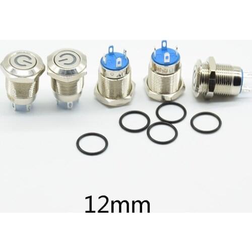 12mm Metal Push Button Switch Flat Head Ring/LOGO 3-6V 12V 24V 220V Self-reset Momentary Waterproof Car Auto Eng red blue