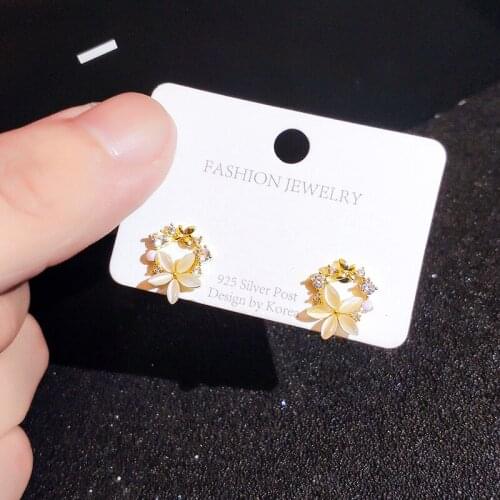 2021 New Simple Opal Flower Ear Clip Gold Color Butterfly Exquisite Zircon Stud Earrings Elegant Princess Party Jewelry