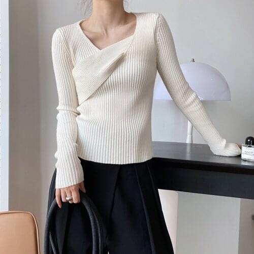 2021 New Spring Women Cross Design Sweater Slim Stretch Women Tops Knitted Fashion Sweater Casual Women Pullovers Pull Femme
