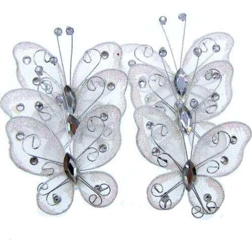 10pcs White mesh wire butterflies glitter rhinestone butterfly charm for wedding stakes Party DIY Decorations 5.2 x 5.6cm