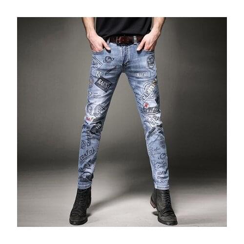 Free Shipping New mens male embroidered hip-hop jeans fashion casual slim feet 2021 bold design graffiti printed pants 9902