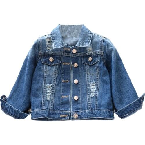 Kids Girls Blue Denim Jacket Spring Autumn Clothes Long Sleeve Lapel Collar Ripped Jeans Coat Top Cute Cartoon Print Jacket Coat