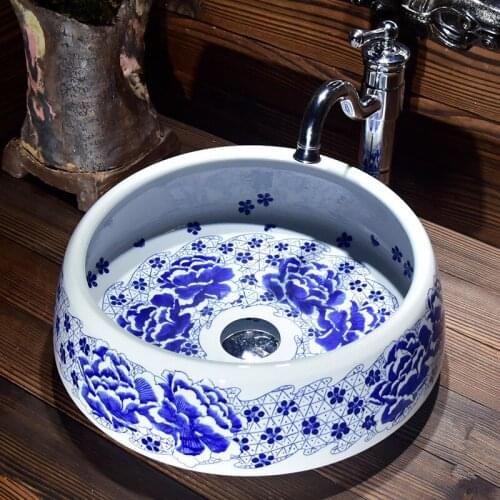 China Artistic Handmade porcelain art Lavobo round shape Countertop ceramic antique hand wash basin Bathroom Sink blue and white