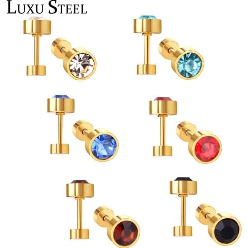 LUXUSTEEL Small Earrings 2021 New Trendy Stainless Steel Round Clear CZ Screw Back Stud Earrings Women Accessoies Bijoux Female