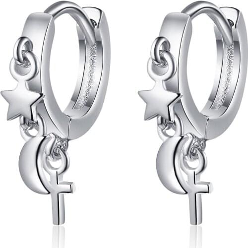 925 Sterling Silver Tassel Star Moon Cross Charm Korean Studs Earrings For Women Christmas Jewelry Accessories eh058