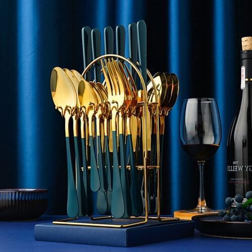24pcs Gold Dinnerware Set Stainless Steel Tableware Set Knife Fork Spoon Luxury Cutlery Set With Storage Rack Dishwasher Safe