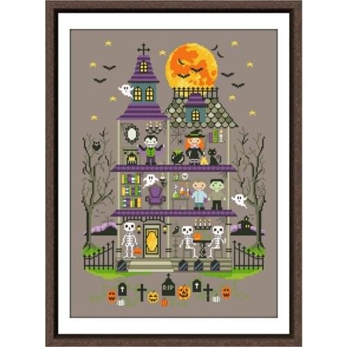 Haunted mansion cross stitch kits Halloween aida fabric 18ct 14ct 11ct coffee canvas cotton thread embroidery kits DIY craft set