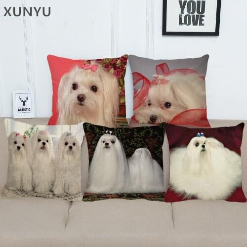 XUNYU 45x45cm Cute Maltese Dog Pattern Linen Pillow Case Decortive Cushion Cover Home Sofa Square Pillow Cover BZ173