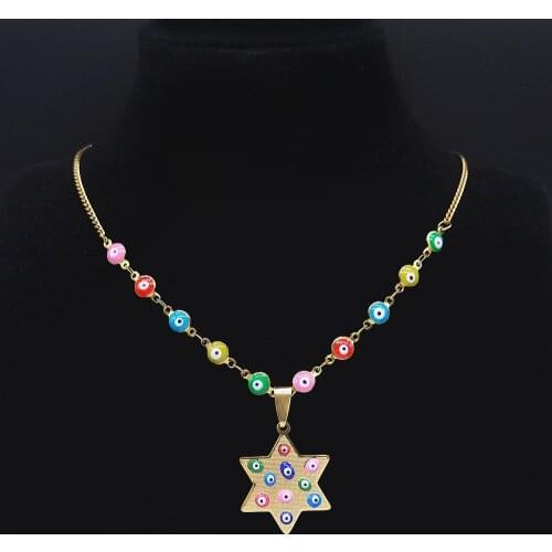 Stainless Steel Islam Colorful Turkey Eye Judaism Hexagram Necklace Women/Men Gold Color Chokers Necklaces Jewelry N4230S04