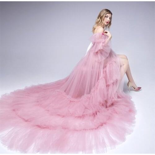 Real Image Pink Pregnant Women Robe Photography Sleepwear Custom Made Hi-Lo Puffy Tulle Dress Maternity Photoshoot Bathrobe