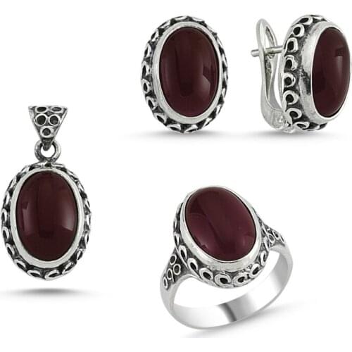 Silver 925 Sterling Red Agate Stone Handwork Set