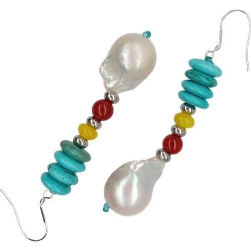 YYGEM Blue Disc Turquoise Freshwater White Keshi Pearl Agate Silver Hook Earrings