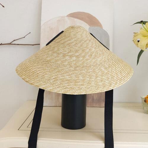 New Trend Sun Hats For Women Conical Straw Hat Summer Big Wide Brim Wheat Straw Hat Female Black Lace-up Straw Beach Bucket Ha