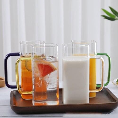 Nordic Style Square Mouth High Borosilicate Glass Heat Resistant Tea Cup Juice Cup Transparent Drinkware with Colored Handle