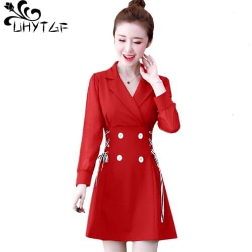 UHYTGF Cute girl Bohemia dress fashion Double Breasted Pullover spring dress Red Black Long sleeve elegant plus size dresses 778