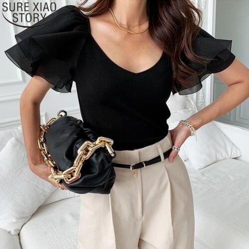 Summer Blouse Women Korean Chic 2021 Fashion French Style Simple V-neck Double Layer Mesh Sleeve Womens Tops Blusa Mujer 14707