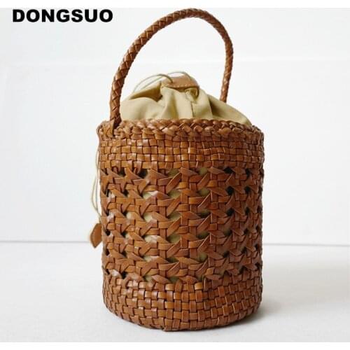 Designer Woven bucket bag Women genuine leather cowskin tote handbag brown hollow out summer purse 2021 new