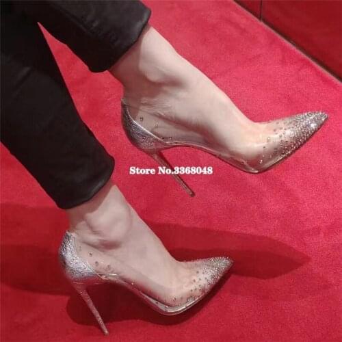 2019 New Clear PVC Patchwork Crystal Studded Pumps Woman High Heels Stiletto Pointed Toe Shoes Wedding Woman Dress Shoes