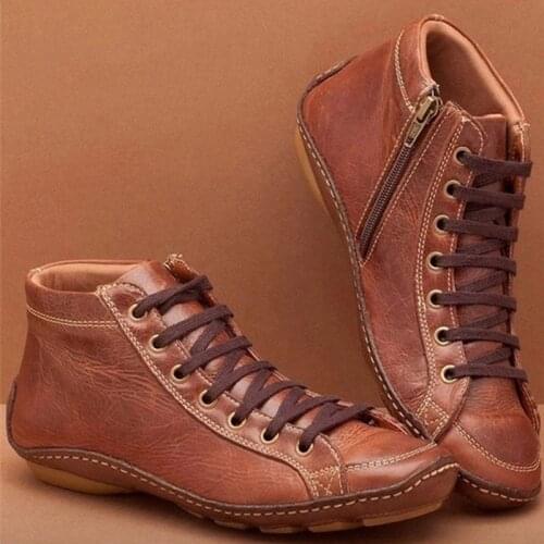Women Winter Cotton Warm Flat Cross Lace Up Ankle Boots Vintage Ladies PU Zip Woman Shoes Female Women Short Boot