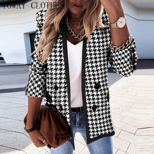 Women Houndstooth Print Long Sleeve Double Breasted Blazer Coat