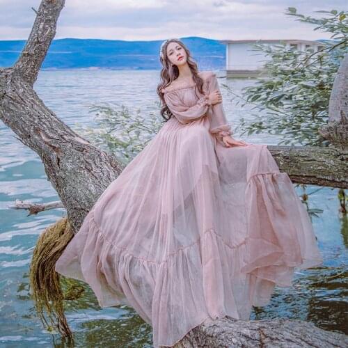 2021 Brand New Women Fashion Dress Off Shoulder Lantern Sleeve Chiffon Long Dress Embroidery High Waist Boho Dress Vestidos