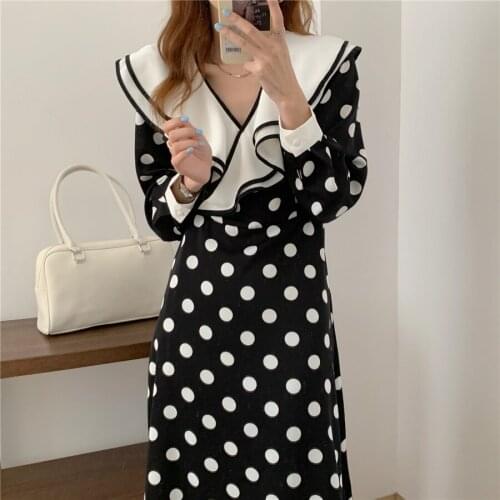 2021 New Women Summer Boho Dot Long Chiffon Dress Ruffled Collar Large Hem Pullover Maxi Sundress