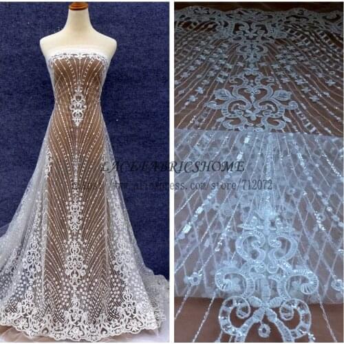La Belleza New fashion style off white rayon with shining sequins on netting embroidered wedding/brides dress lace fabric
