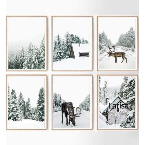 Winter Canvas Poster Elk Christmas Painting On The Wall Pictures for Home Design Landscape Wall Art Printing Frameless