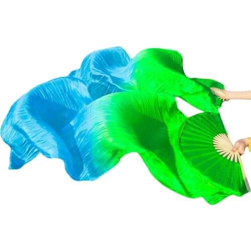 100% Silk Belly Dance Fans 1 Pair Left+Right hand Handmade Dyed Unisex Silk Dancing Performance Props Long Fans Green+Turquoise
