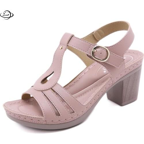36-42 Womens Sandals Summer Female 6-8cm Square Heel Platform Pu Leather Shoes Solid Color Plus Size Ladies Footwear Hy52
