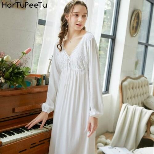 Home Wear Women Retro Court Nightdress Princess Lace V Neck Plus Size Cotton Dress Hollow Long Sleeve Sweet Loose Pajamas