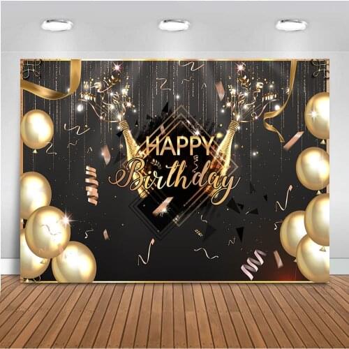 Happy Birthday black wall Balloons Champagne Party Backdrop for Photography Gold Decoration for Photographic Photo Prop