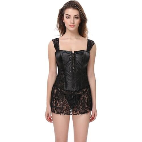 Steampunk Corset Dress Faux Synthetic Leather Lace Corsets Plus Size 6XL Bustier Dress Zipper Solid Waist Slim Corselet