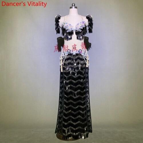 Women Belly Dance Competition Outfits Customized Bra Sequin Tassel Skirt Belt Oriental Indian Drum Dancing Performance Costume