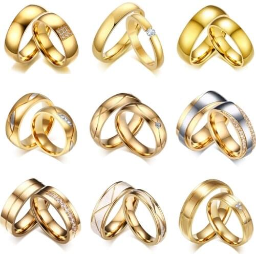 Modyle 2020 New Gold Color Stainless Steel CZ Stone Wedding Couple Rings for Women Men Lover Anniversary Jewelry Gifts