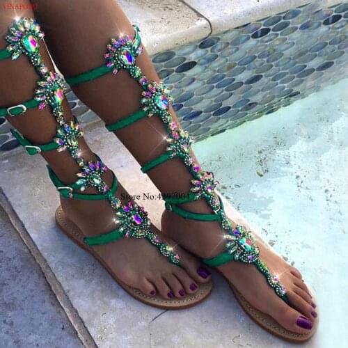 Summer Bling Flower Rhinestone Buckled Clear PVC Straps Sandals Boots Female Flat Heels Green Crystal Knee High Boots Shoes