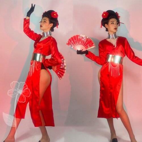 New Chinese Style Retro Red Cheongsam Female Singer Stage Performance Costumes Fringe Belt Festival Clothing With Wig DWY6113