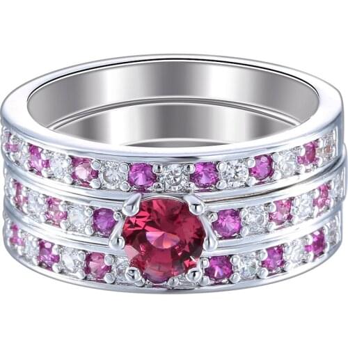 New product wholesale pave setting red zircon rpmantic rings set wedding party silver Plated bands jewelry for women