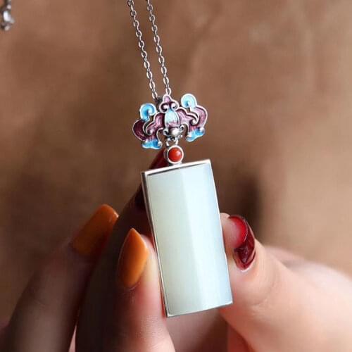 New style embellished southern red tourmaline natural Hetian jade rectangular necklace pendant enamel porcelain ladies jewelry