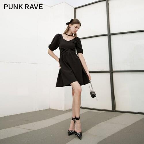 PUNK RAVE Girls French Temperament Elegant V-neck Small Dress Party Club Thinness Gentle Puff Sleeve A-line Dress Women Summer