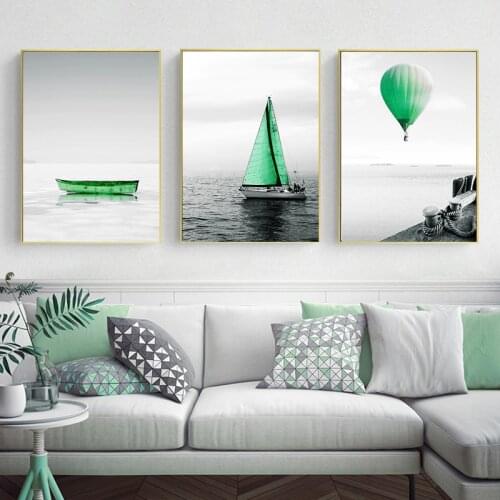 Sailing Boat Ocean Waves Nordic Picture Hot Air Balloon Scandinavian Poster Sandy Beach Print Wall Art Canvas Painting Decor