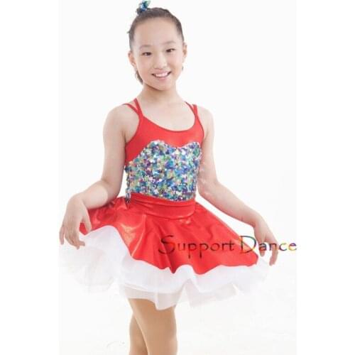 Girls Sequin Latin Dress Women Red Dance Costume C27