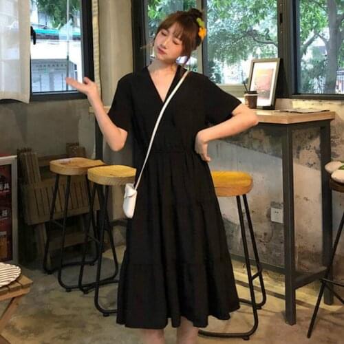 Dress Women Black Tunic Midi Maxi V-neck Slim Ulzzang Minimalist Female Summer Dresses Cute Student Draped Short Sleeve Trendy