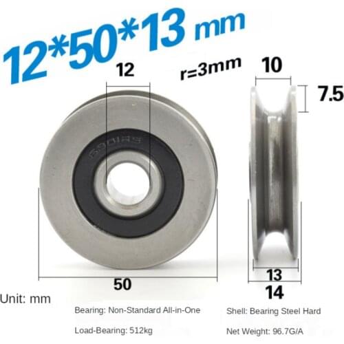 12*50*13mm 6301RS bearing steel bearings, U grooves V round bottom 5cm pulley, 6mm guide wheel, wire rope lifting wheel