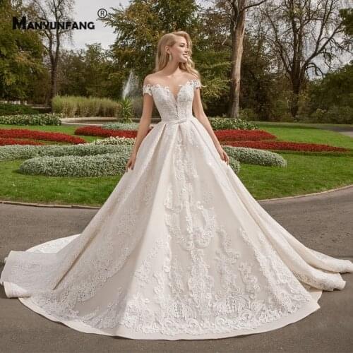 Luxury Illusion O-Neck Cap Sleeve Wedding Dress for Women 2021 Hot Sale Chapel Train Embroidery Appliques Tulle Bridal Ball Gown