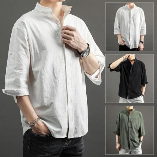Mens Linen Long Sleeve Shirts Collarless Casual Loose V Neck Blouse Button Tops Fashion Simple Comfortable Mens Wear