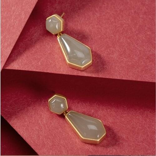 Uglyless 925 Silver Pentagon Minimalism Gemstones Earrings for Women Gold Simple Fashion Geometric Jade Earrings Vogue Jewelry