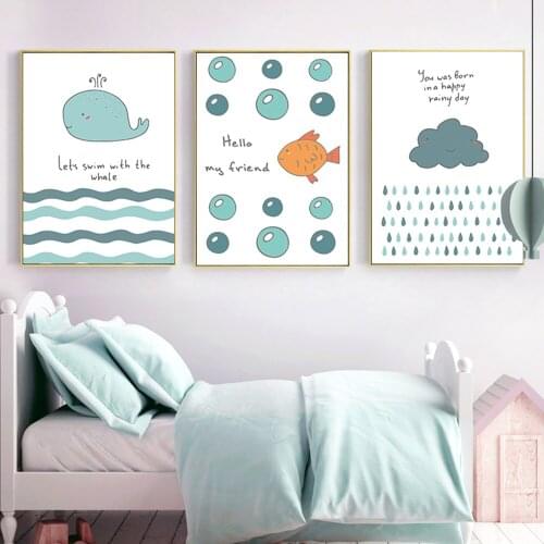Nordic Cute Cartoon Blue Sea Wall Art Canvas Painting Beach Boat Fish Nursery Posters And Prints Kids Baby Room Home Decoration